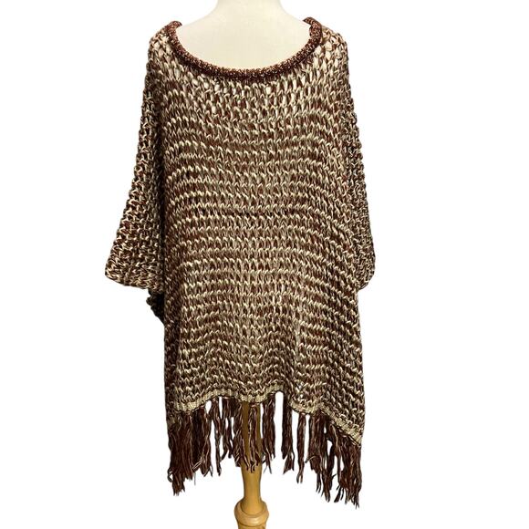 Willow & Clay Poncho M Brown Open Crochet Knit Fringe Oversized Boho Chunky Cozy - Picture 6 of 14